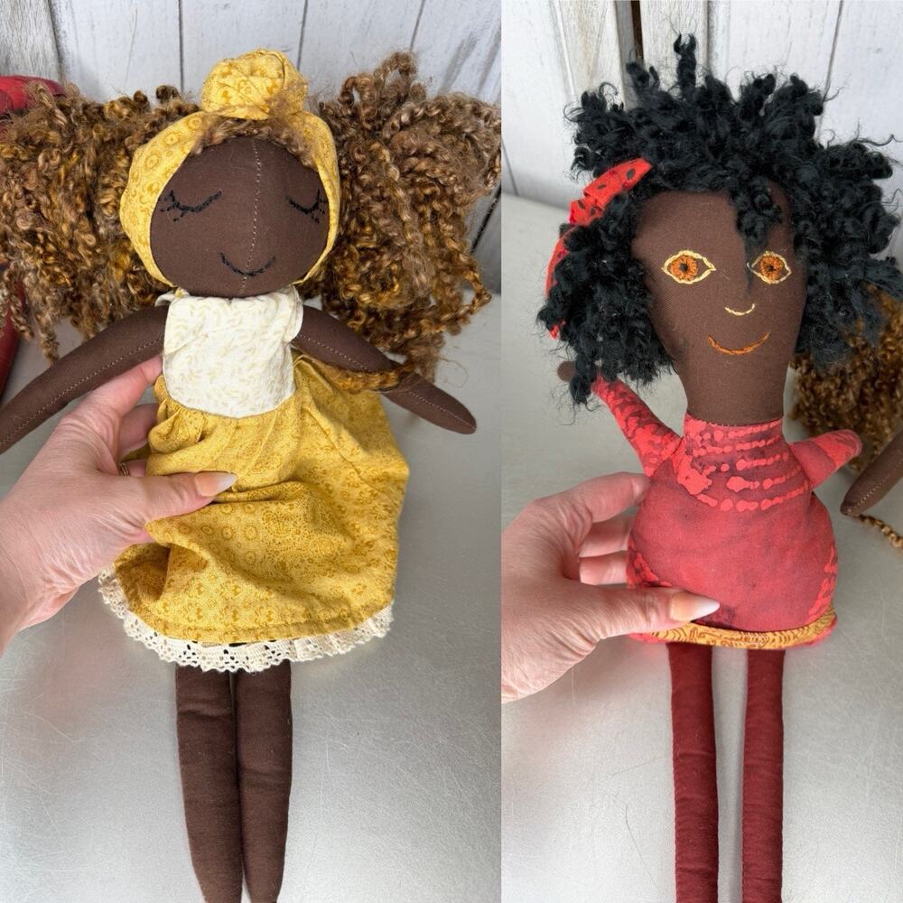 Handmade African American Black Cloth Rag Dolls Set Of 2 Toys Nursery Decor